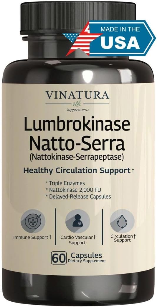 VINATURA Lumbrokinase Serrapeptase Nattokinase - Nattokinase 2000 FU, Lumbrokinase Enzymes Supplement for Blood Circulation Support - 60 Capsules