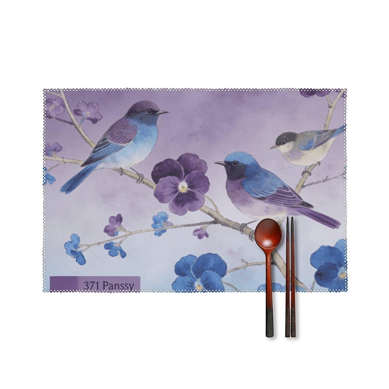 Pansy Purple Oxford Blue Branches Birds Flowers Placemats Set of 6, 12x18 Inch Heat Resistant Washable Canvas Table Mats, Stain Resistant Decorative Dining Placemats for Kitchen, Restaurant, Outdoor P