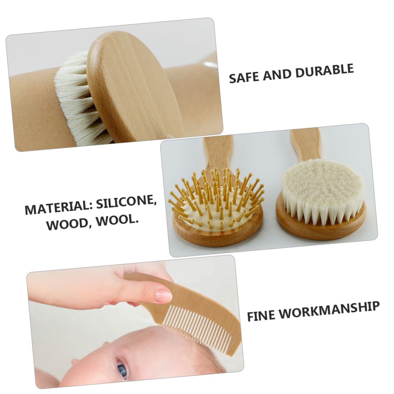 1 Set di spazzole in Lana con Manico in Legno, Set di Accessori per Il Bagno e la Doccia, Kit per la Cura del Neonato