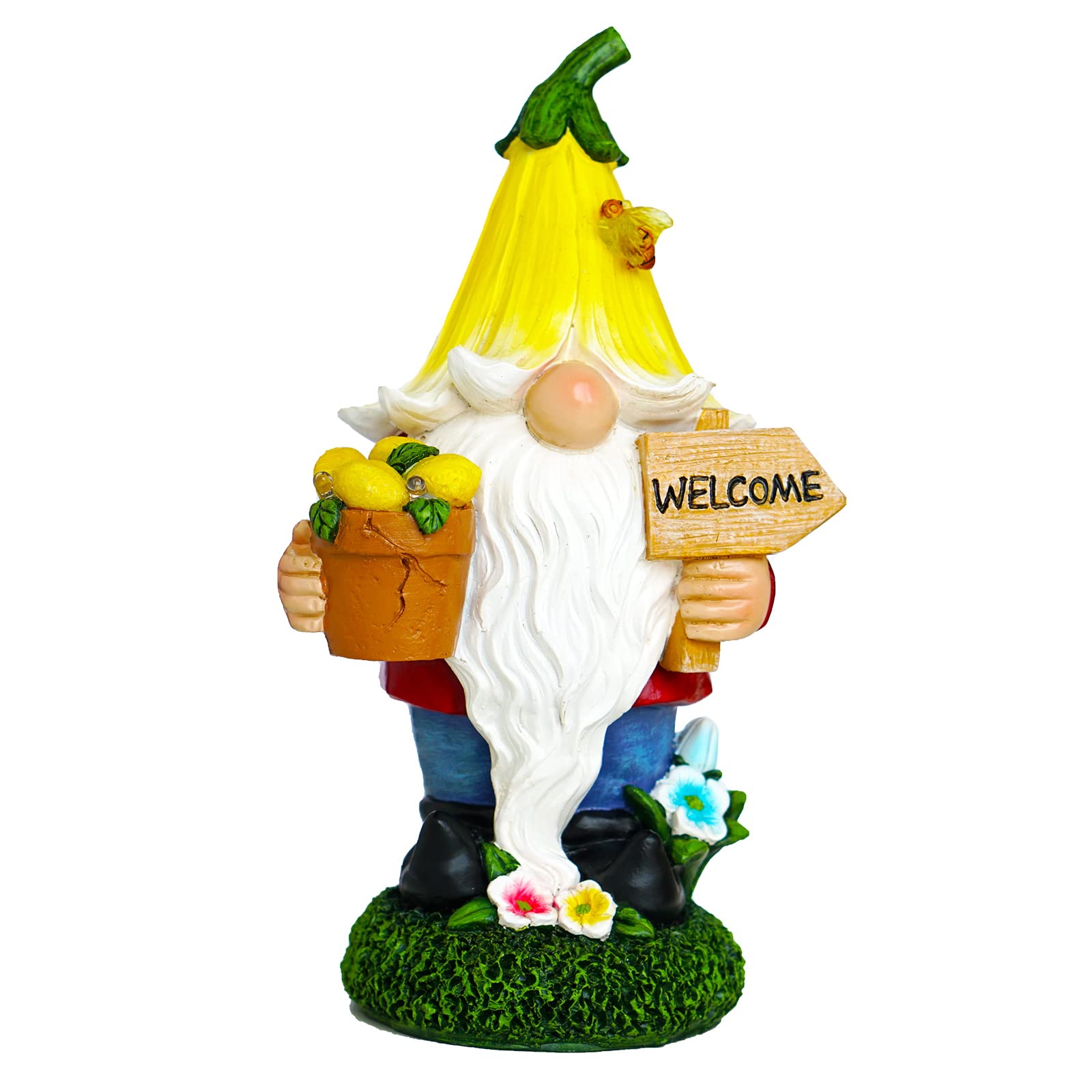 SmilingTown Garden Gnome Statue Solar Resin Sculpture Goblin Figurine Decor with Flower Holding Welcome Solar Powered LED Lights Waterproof for Outdoor Patio Yard Lawn Porch