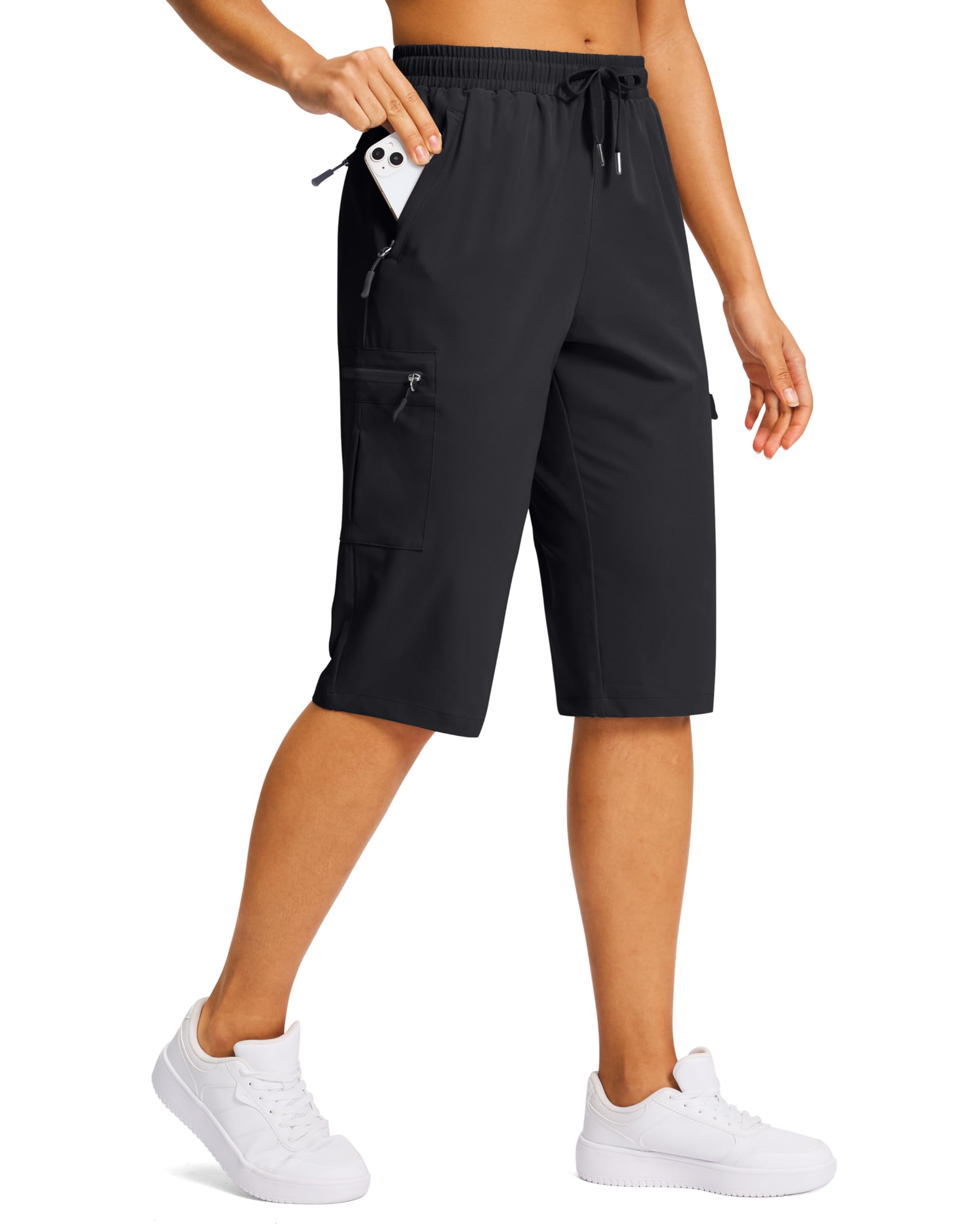 SANTINY 15" Long Shorts for Women Hiking Cargo Bermuda Shorts with 5 Zipper Pockets Lightweight Quick Dry Knee Length Capris - 1