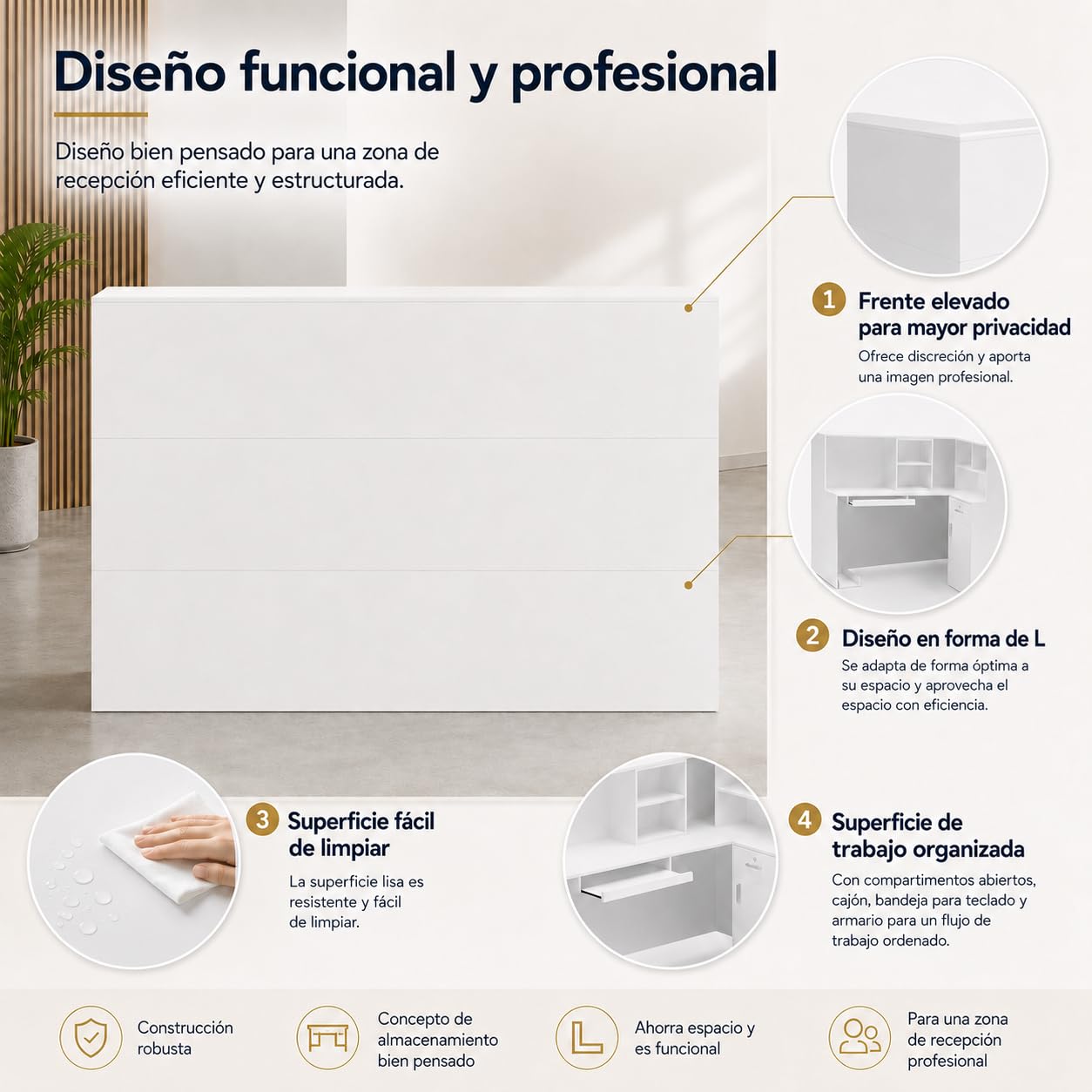 Mostrador de Recepción Blanco en L 142cm – Caja Esquinera con Cajón de Teclado, Soporte para PC, Cajón con Llave y 5 Compartimentos – Mostrador para Oficina, Salón, 142×82×123cm
