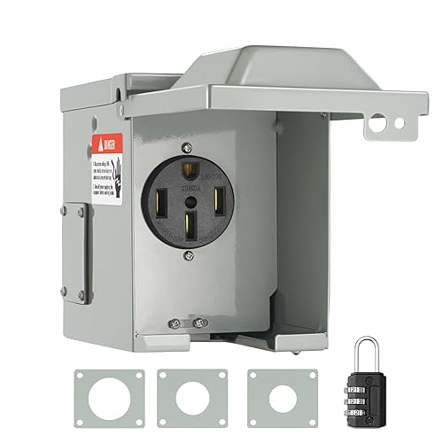 VEVOR Caja de toma de corriente RV de 50 amperios, 125250 voltios, caja de receptáculo cerrada para exteriores con cerradura, NEMA 14-50R, panel