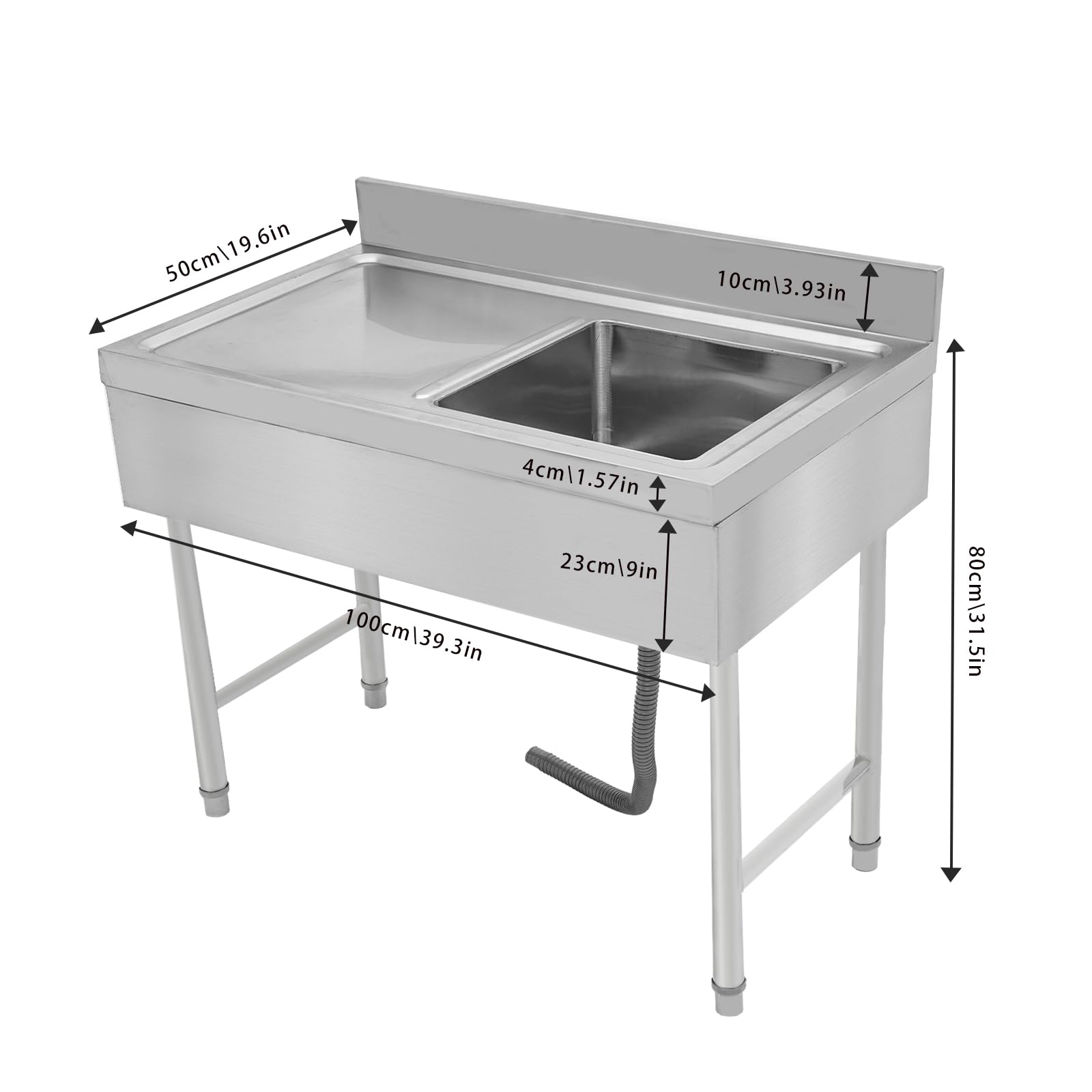 Évier autonome en acier inoxydable - Évier de restaurant commercial - Évier extérieur - Lavabo de restaurant commercial - Rectangulaire - En acier inoxydable - Dispositif de vidange pour l'extérieur