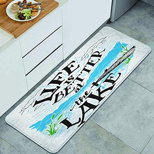 FOURFOOL Standing Mat Kitchen Rug,Cabin Decor Life is Better at the Lake Wooden Pier Plants Mountains Outdoors Sketch,Entry Floor Carpet Door Mat Runner,Standing Rug for Laundry,Floor Home,Office,Sink