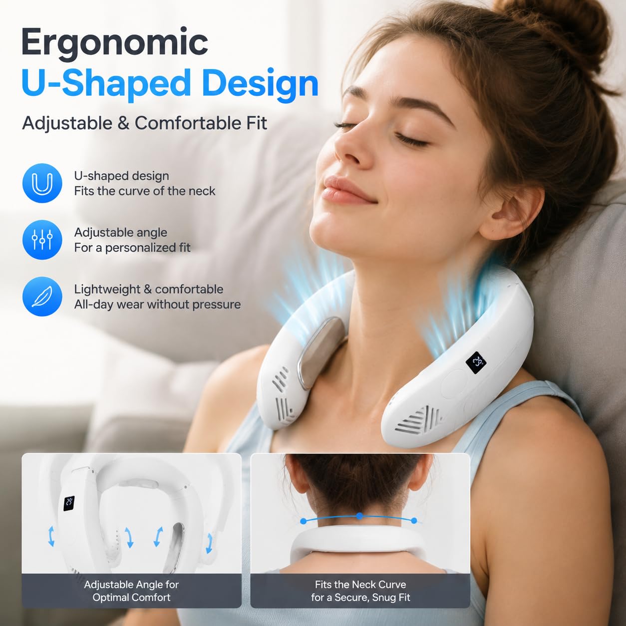 Ventilador de cuello portátil, aire acondicionado portátil con modos de refrigeración y calefacción, recargable de 3500 mAh, dispositivo de refrigeración personal sin cuchillas