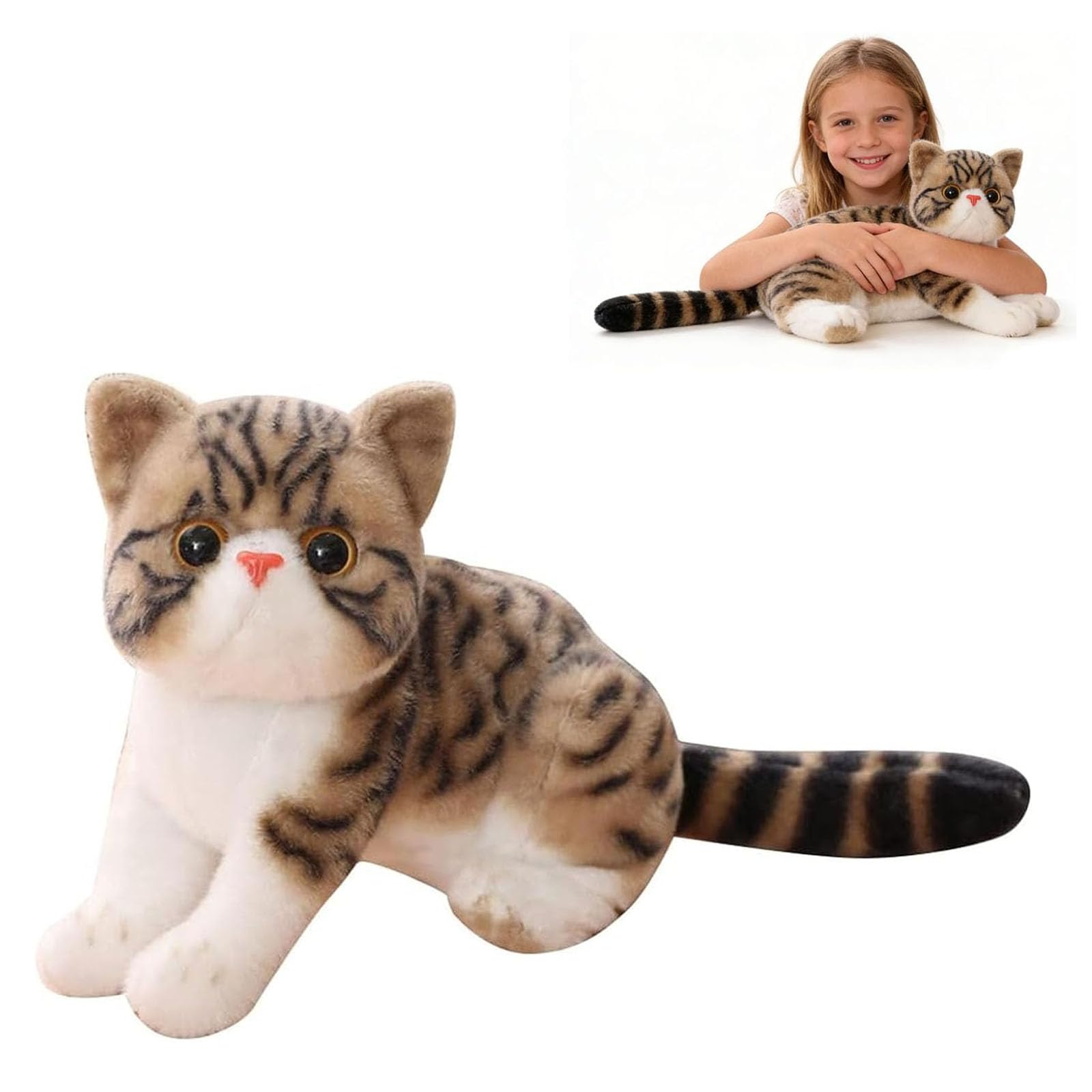 JORCEDI Cat Plush Toy, 26 CM Realistic Plush Cat, Realistic Kitten Pillow for Living Room, Bedroom, Car, Sofa, Couch (Khaki,26cm)