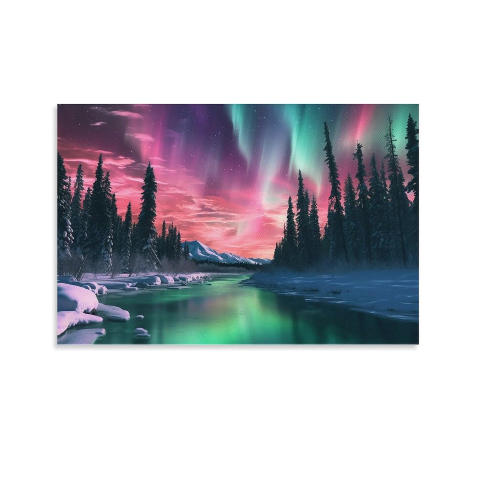 FOCCAR Beautiful Aurora Borealis Canvas Wall Decor Snowy Lake Landscape Contemporary Poster Wall Art for Living Room Bedroom Artwork
