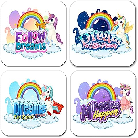 Unicorn Coasters for Kids, Set of 4 Absorbent Neoprene Coasters for Drinks, Fun Cute Coaster Unique Designs, Square Cup Mats 3.5 x 3.5 in Cover