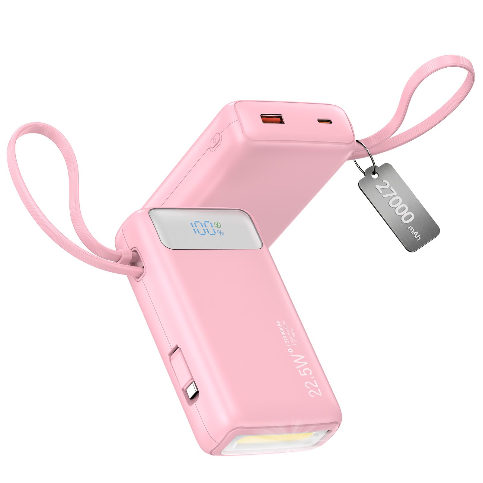 Nusyddy Portable Charger 27000mAh 22.5W w/Built-in Cable & LED Display Pink | 22.5W Fast Charging, High Capacity, LED Display, Flashlight, TSA Approved, Charge 3 Devices at once, Fits for iPhone/Samsu