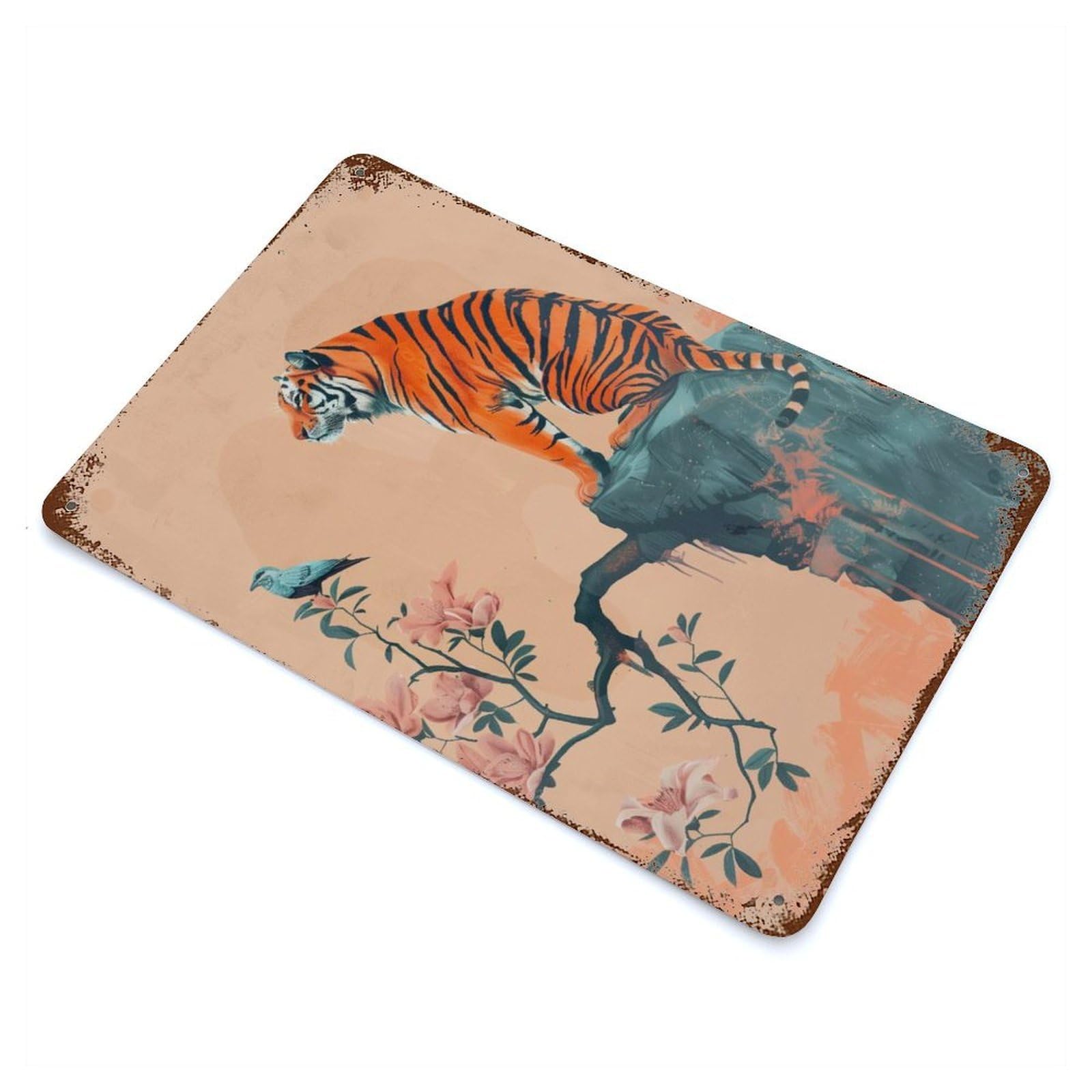 Garage Style Tiger And Bird on Cliff Vintage Rust Metal Sign 11.8"x7.9", Industrial Home Decor for Bar And Workshop