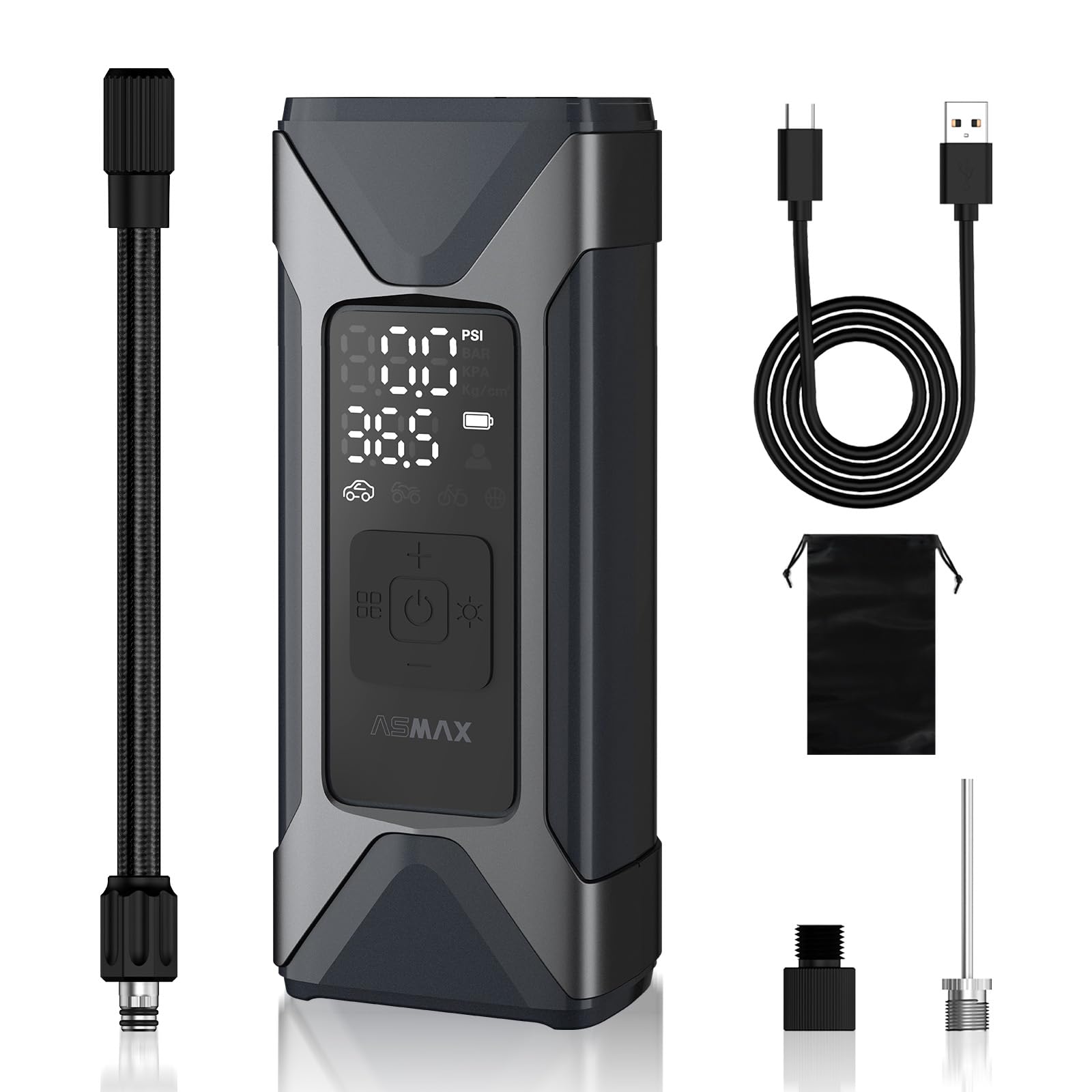 ASMAX Tyre Inflator Cordless Air Compressor, 160 PSI Portable Electric Bike Pump with Tyre Pressure Gauge, Rechargeable Tyre Pump with LED & 7500mAh Power Bank for Car/Motorcycle/Bicycle/Ball
