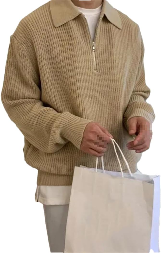 Men Lapel Sweater Autumn Winter Warm Casual Knit Pullover Tops Fashion Loose Zipper Long Sleeve Sweater Male Jumper