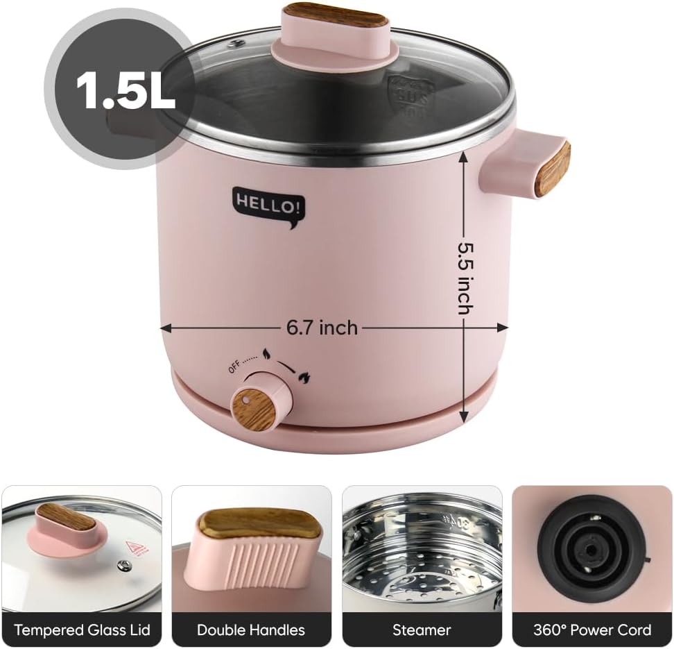 HELLO Electric Multi Cooking Pot 1.5L with Steamer, Portable Cooker for Ramen, Shabu-Shabu, Noodles, Soup, Frying | Stainless Steel, Pastel Pink