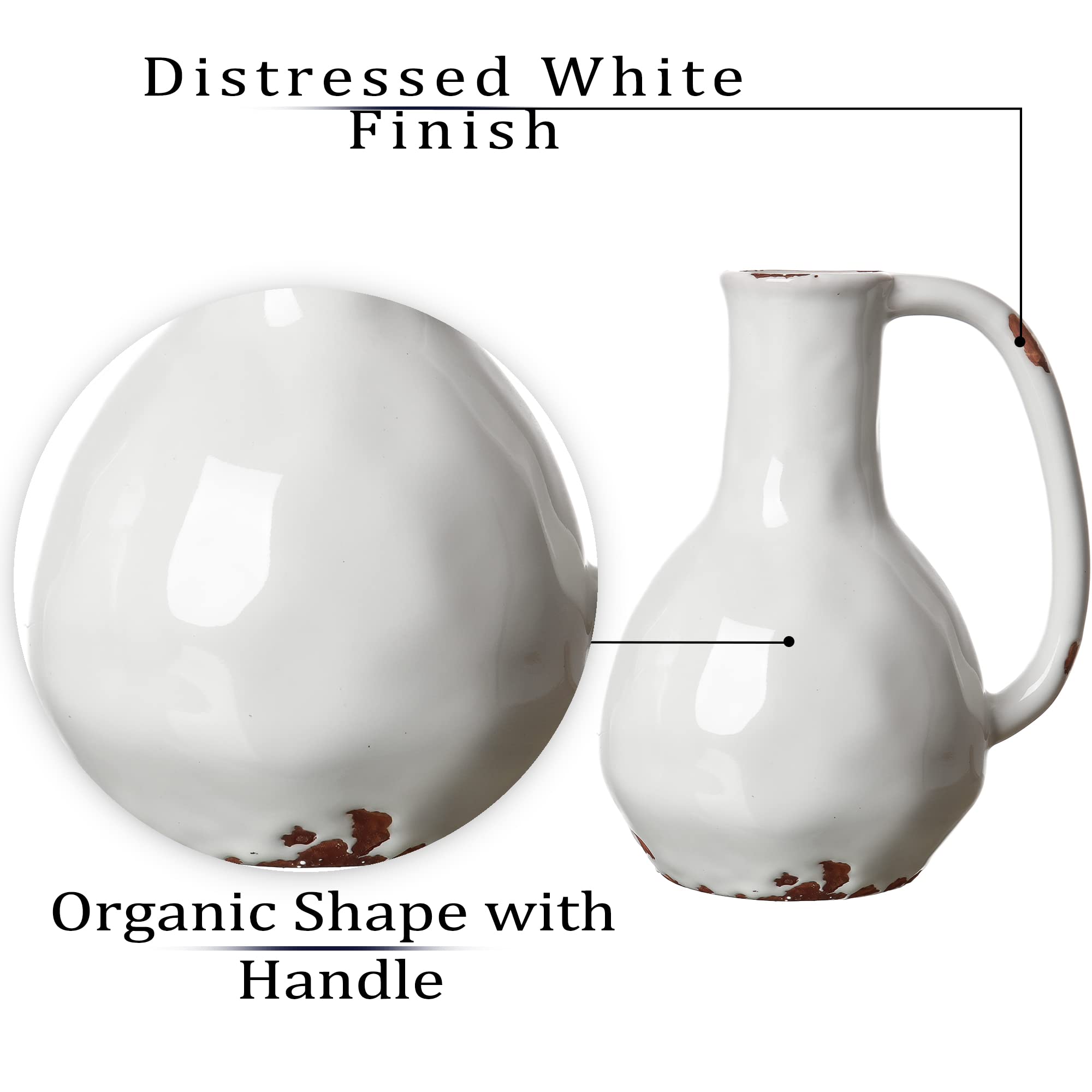 TERESA'S COLLECTIONS White Ceramic Vase with Handle, Rustic Vase for Home Décor, Distressed Farmhouse Décor, Decorative Jug Vase for Pampas Grass, Living Room, Mantel, Table, Shelf, 9 -2PCs