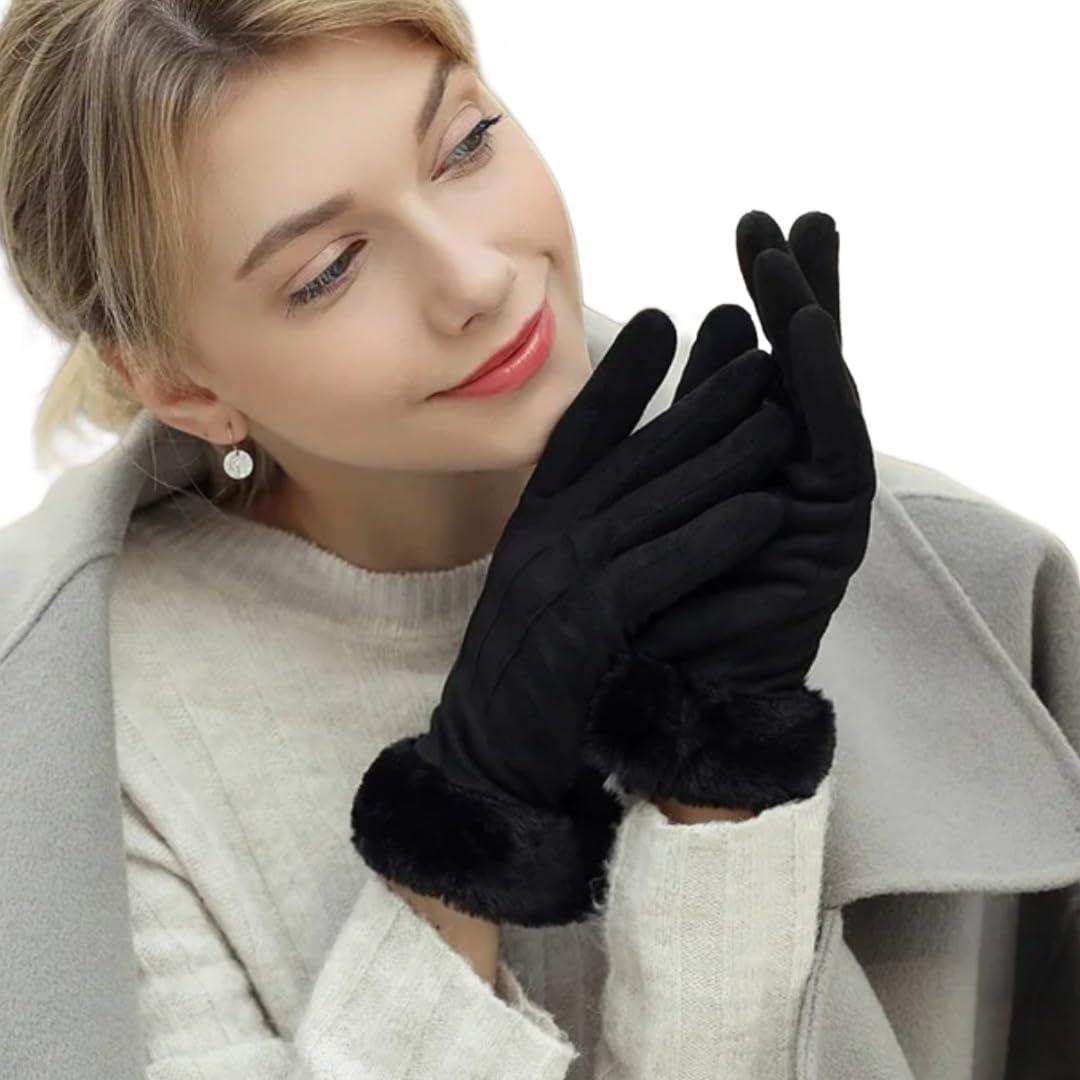 Women Wool gloves simple cute Pattern stretchy windproof touchscreen finger winter gloves for women girls-image-2