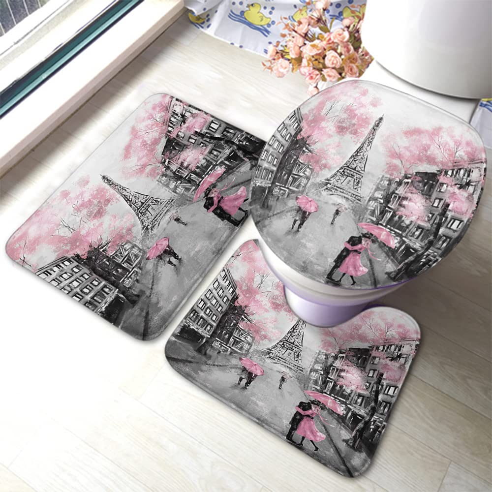 WONDERTIFYParis City Bathroom Antiskid Pad France Eiffel Tower Couple Under an Umbrella 3 Pieces Bathroom Rugs Set, Bath Mat+Contour+Toilet Lid Cover Black White Pink