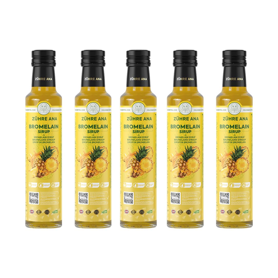 Zühre Ana® Bromelain Sirup (5 x 250ml) – Mit Bromelain, Coenzym Q10, Mate-Extrakt, L-Carnitin und natürlichem Ananasaroma – Ihre natürliche Unterstützung im Alltag - Vegan
