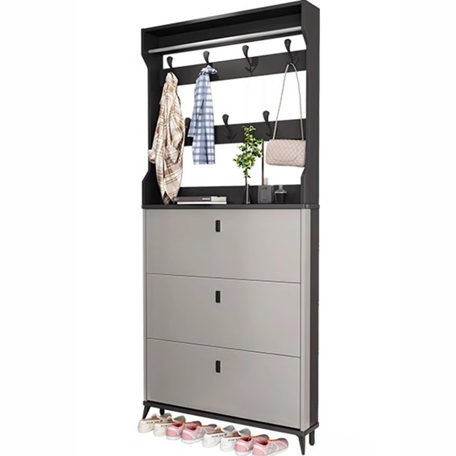 Zapatero y Perchero para Entrada, Recibidor Zapatero Gris Con 3 Cajones Abatibles y 8 Ganchos, 2 En 1 Organizador de Zapatos Independiente Estrecho y Delgado para Sala Estar, Pasillo, Armario(80x17x20