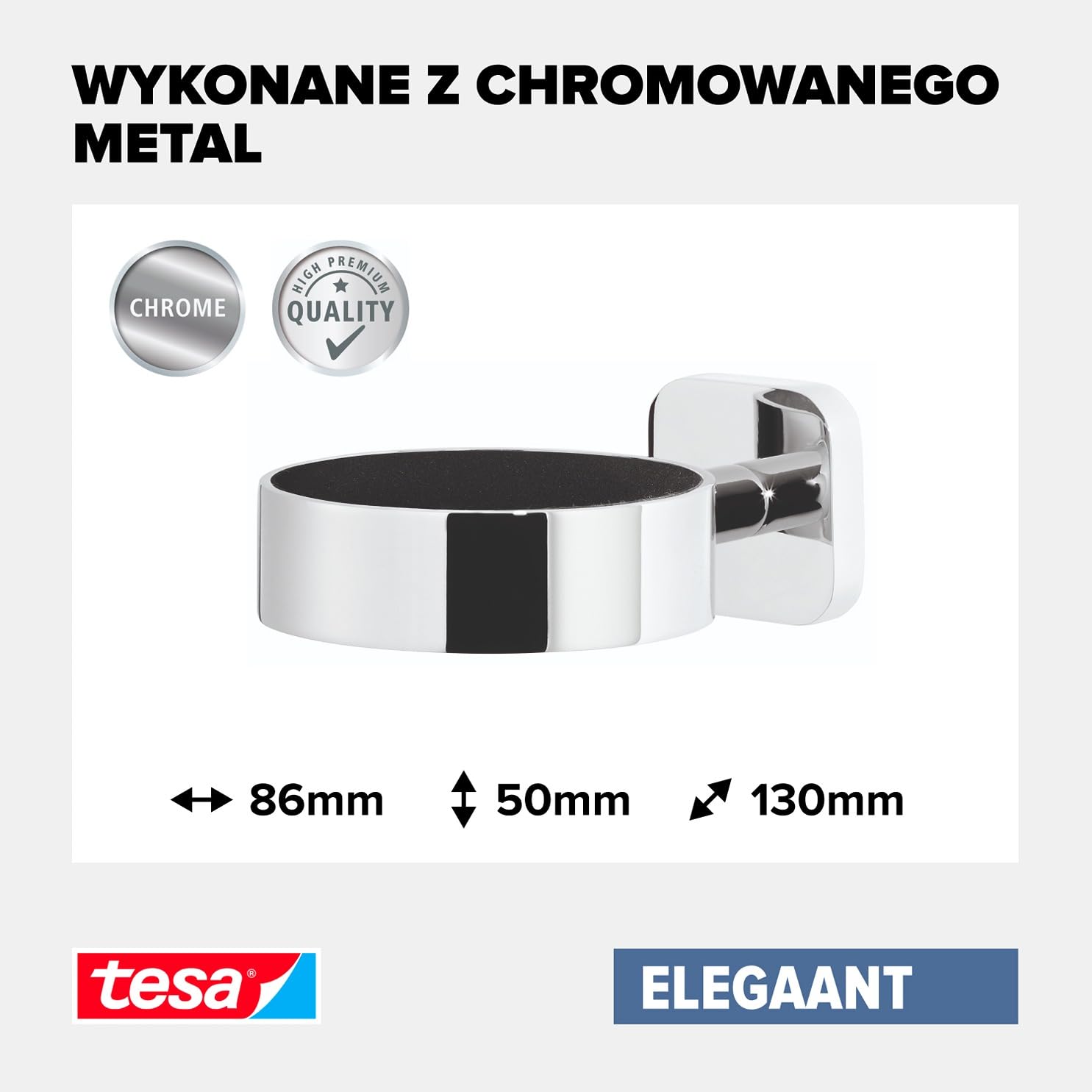tesa ELEGAANT Uchwyt na suszarkę chromowany, szlachetny design, metal, w zestawie z rozpuszczalnikiem klejącym, mocny uchwyt, 128 mm x 86 mm x 50 mm
