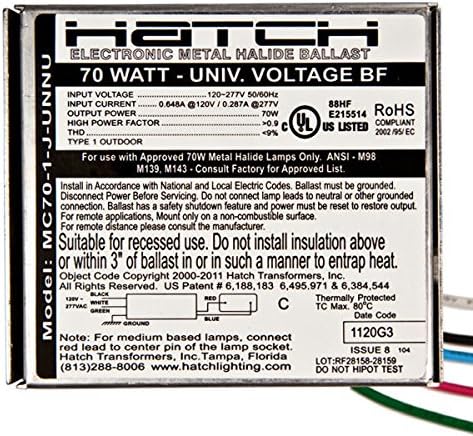 Hatch MC70-1-J-UNNU - 70W Metal Halide Ballast ANSI M98/M139/M143 - 120/277V Max. Temp. Rating 176 Deg. F