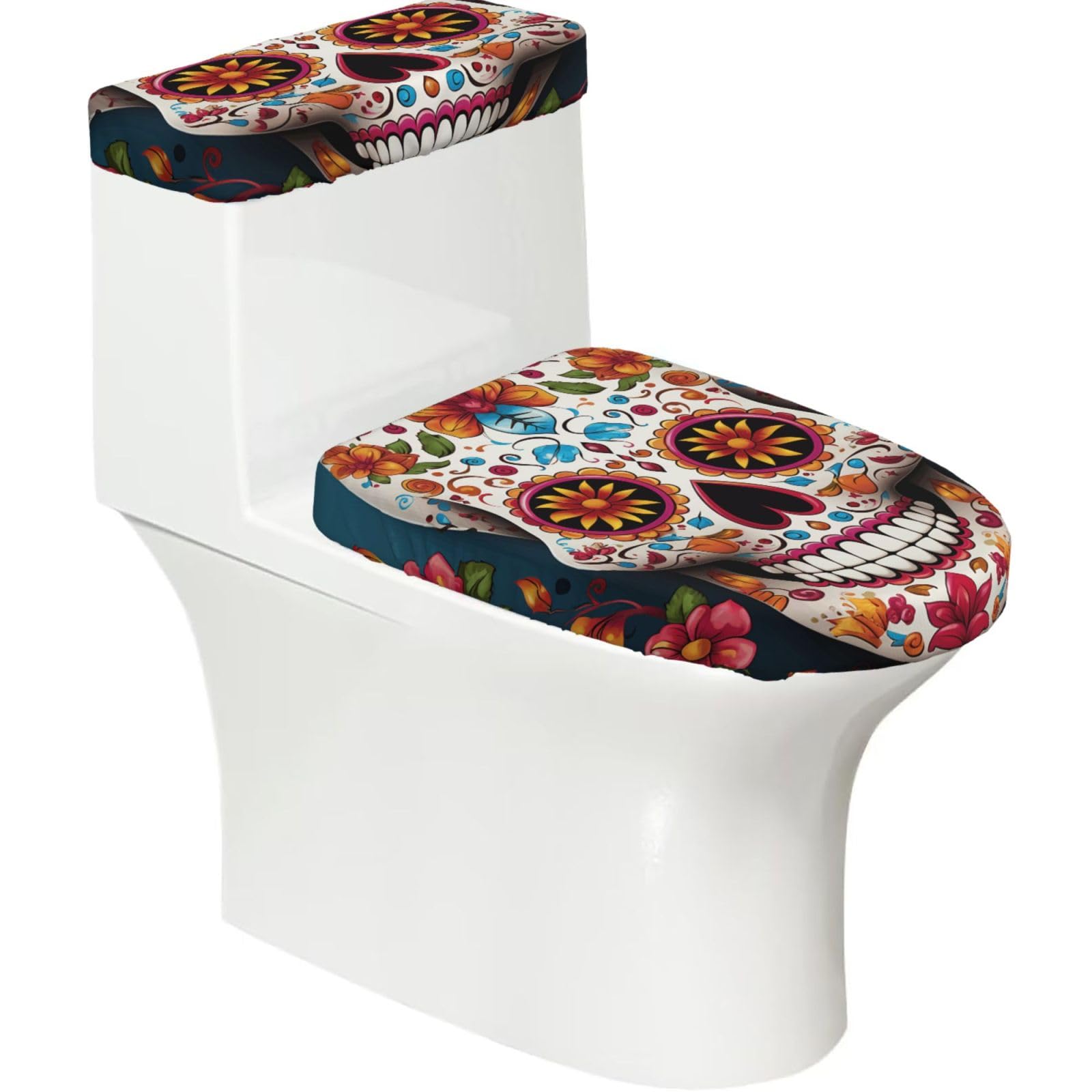 Fekiloot Black Colorful Sugar Skull Toilet Lid Cover And Toilet Tank Cover Set Of 2,Dust Splash Resistant Toilet Top Covers Soft Washable Toilet Lid Seat Cover For Bathroom Office Home Decor