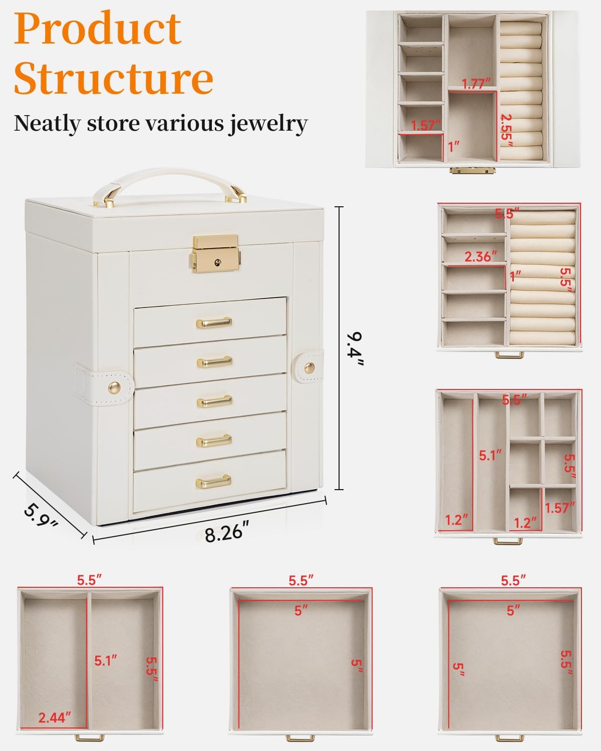 TORIBIO Large Jewelry Box for Women, Leather Jewelry Organizer with Mirror & Lock, 6-Tier Jewelry Storage Case for Girls/Women/Mothers, Necklace Earring Bracelets Holder Organizer - Image 2