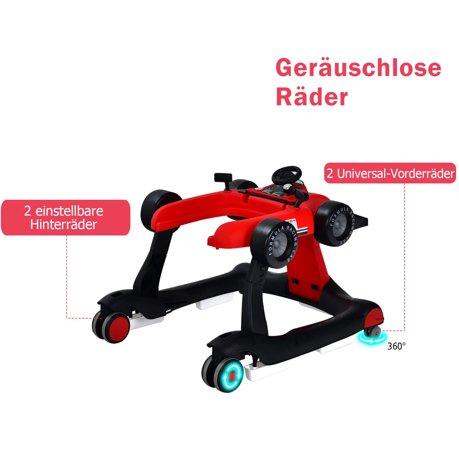 DREAMADE Lauflernhilfe, 4 in 1 Autoförmiger Lauflernwagen mit einstellbarer Geschwindigkeit, Musik & Licht, Babywalker Höhenverstellbar & Klappbar, Gehfrei Baby ab 6 Monate (Rot)