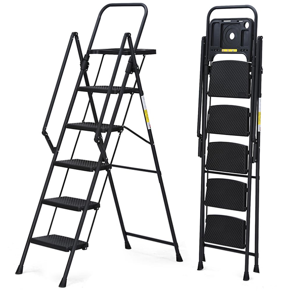 5 Step Ladder with Handrails Folding Step Stool with Tool Tray &amp; Anti-Slip Wide Pedal for Home Kitchen Pantry Office, Lightweight Sturdy Steel Ladder with Platform for Adults