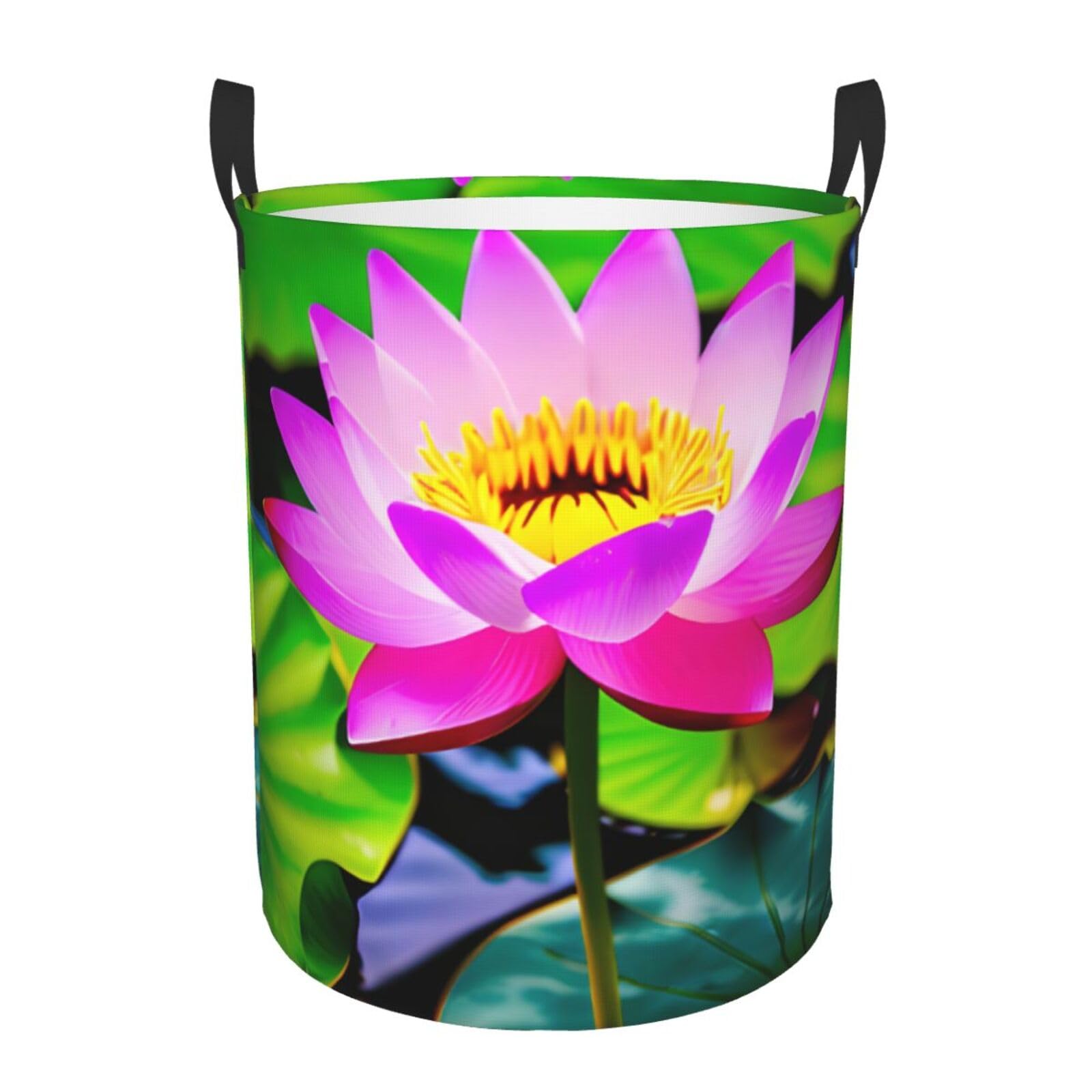 S Collapsible Laundry Hamper Round Lotus Flowers Print Storage