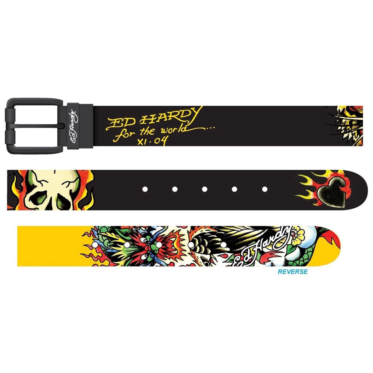 ED HARDY Men's Tattoo Print Graphic Twist Reversible Belt, For the World-black/Yellow, 34