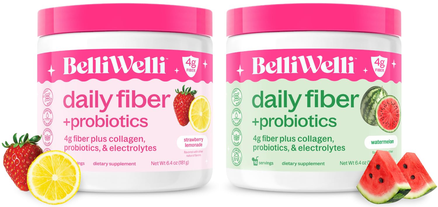 Belli Welli Daily Fiber Supplement Bundle - Strawberry Lemonade & Watermelon - Collagen, Probiotics & Electrolytes for Balanced Wellness - Refreshing Flavors, 32 Servings Total