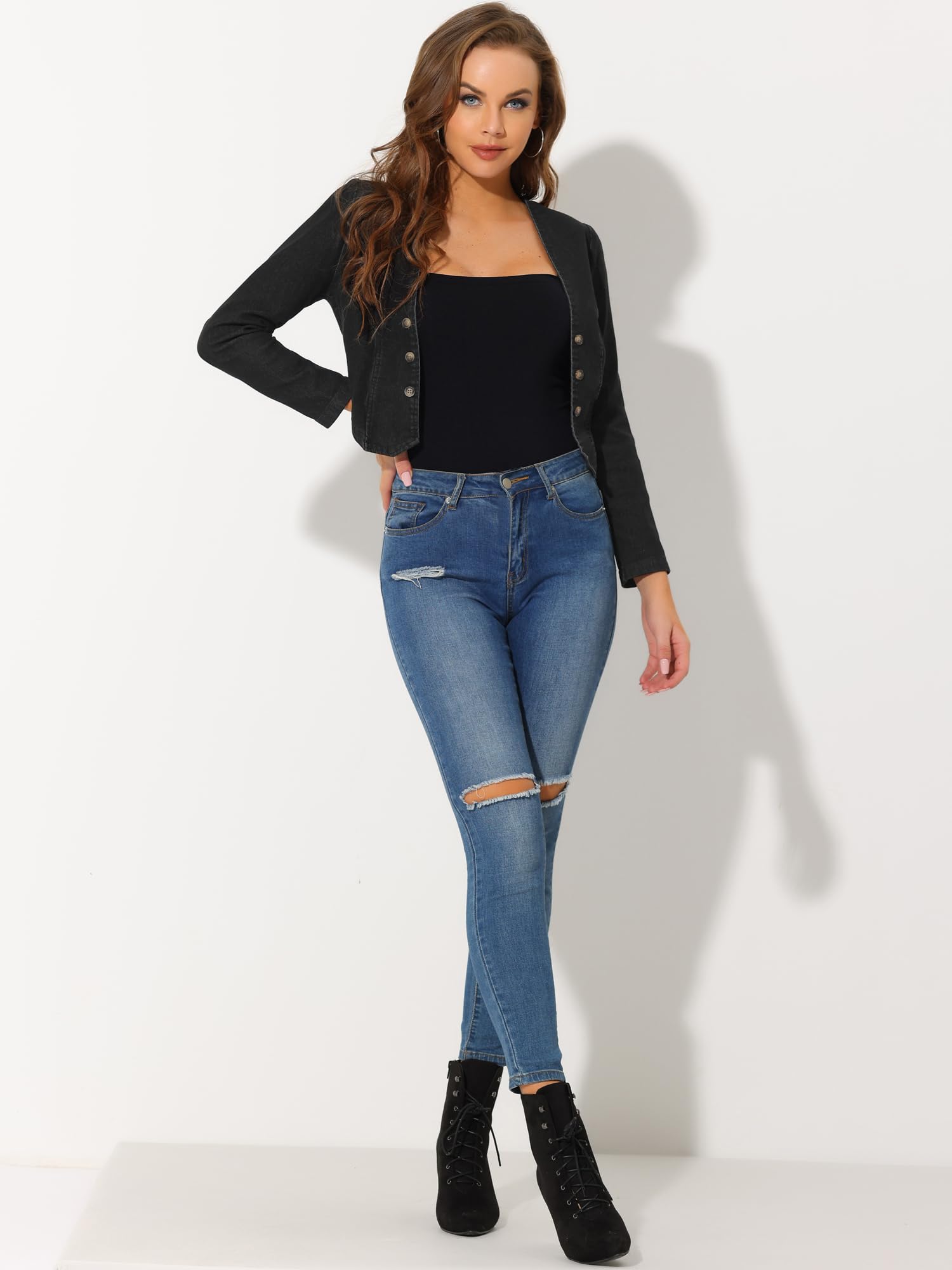 Allegra K Giacche in Denim per Donna senza Colletto Cardigan in Jeans Corto Doppiopetto Aperto Sul Davanti
