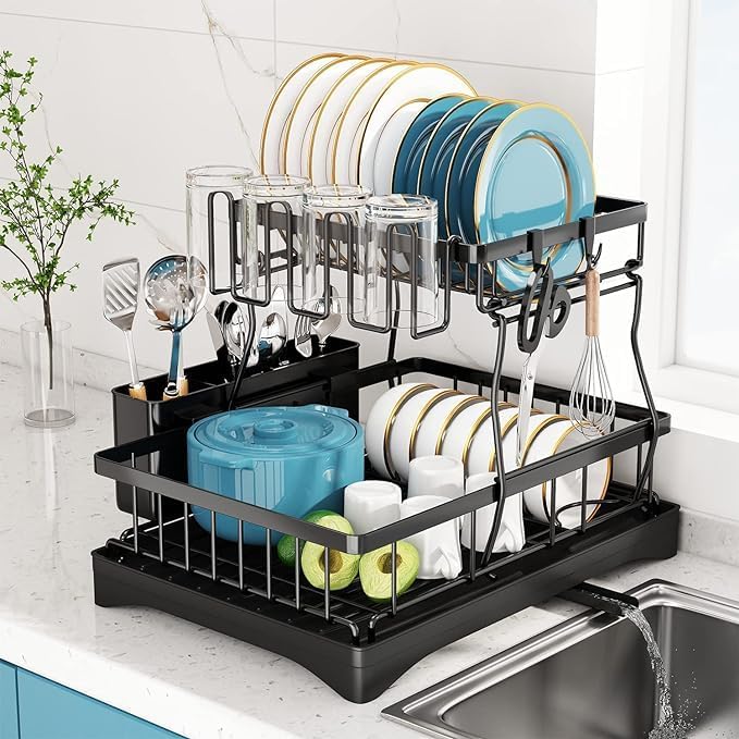 Image of Carbon Steel 2 Tier Dish Racks For Kitchen Counter Dish Drying Rack With 360Drainage Dish Drainboard Set With Cutlery & Cup Holder Dish Drainers Over Sink (SS-11) 32 x 8 x 8 Cm Black
