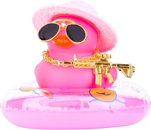 Car Rubber Duck Ornament Colorful Duck Car Dashboard Decorations with Mini Hat Swim Ring Necklace Sunglasses and Cool Accessory for Car Dashboard Home Decor(P-Pink Hat)
