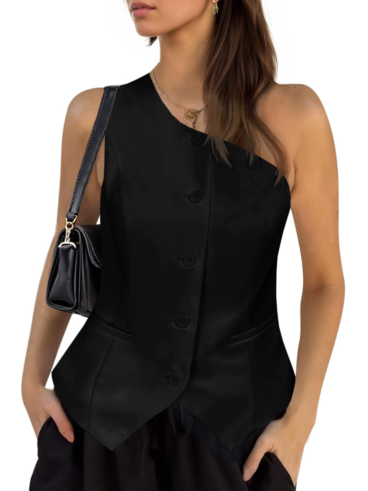 Cicy Bell Womens One Shoulder Blazer Vest Summer Fitted Button Down Waistcoat Trendy Work Sleeveless Suit Tops