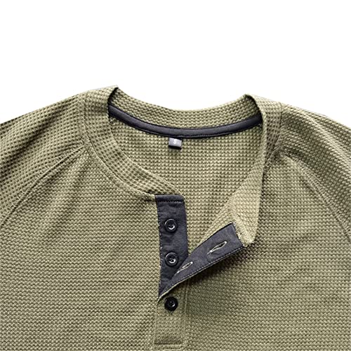 Men's Henley Shirt Long Sleeve Waffle Thermal Underwear Henley Top Casual Slim Fit Lightweight 3 Button T Shirts (Green,Large)2