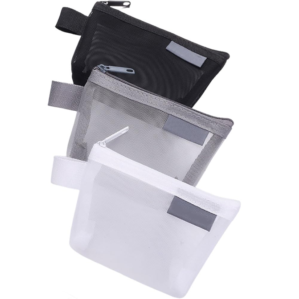 3pcs Portable Square Mesh Storage Bag,Zippered Mesh Cosmetic Bag,Small Square Mesh Coin Purse Travel Storage Carry Pouch (Grey+Black+White)