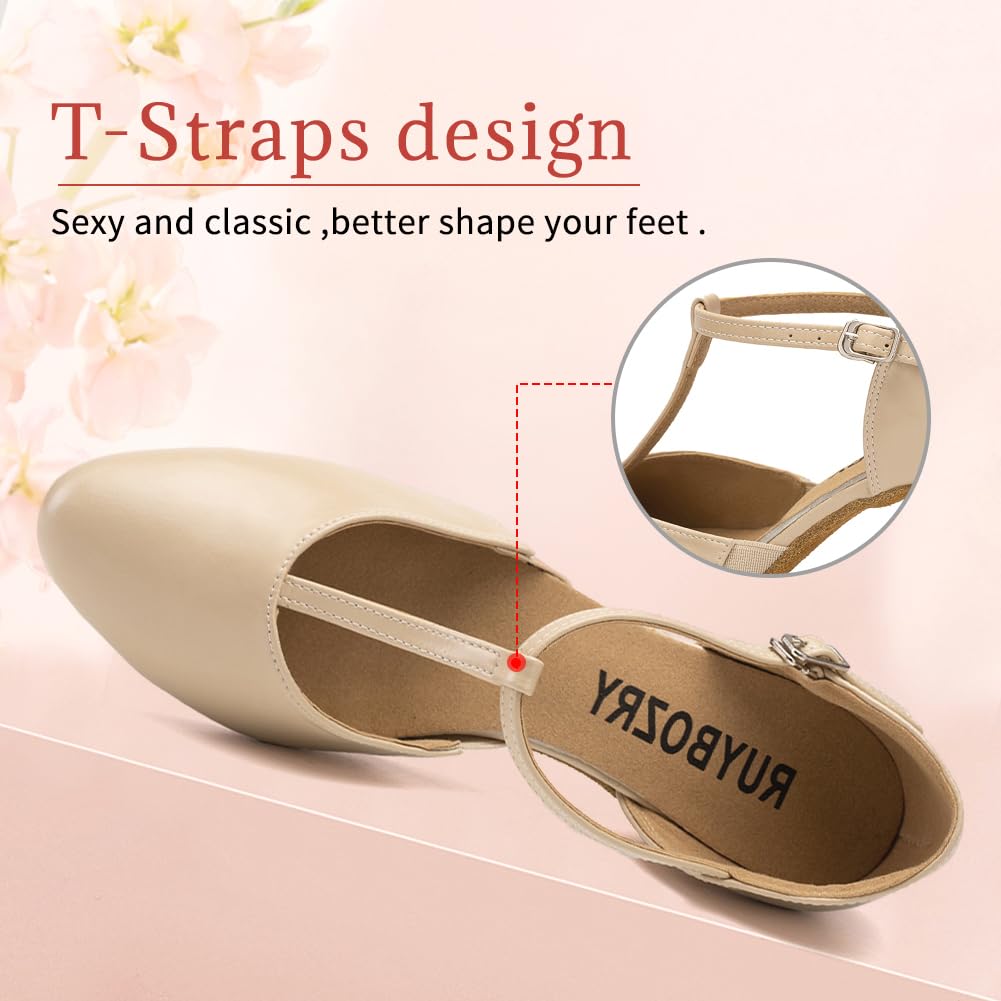 Chaussures de Caractère T-Strap Chaussures de Danse Latine Femme Salsa Bachata avec Talon de 6cm Semelle en Daim