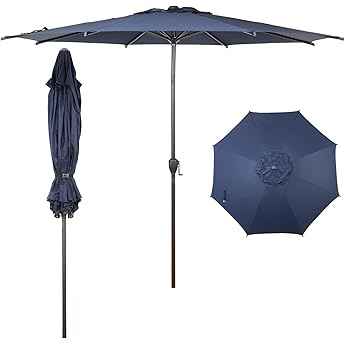 9FT Outdoor Patio Umbrella, Table Market Umbrella With Push Button Tilt and Crank, 8 Sturdy Ribs UV Protection Waterproof for Garden, Deck, Backyard, Pool (Navy Blue)