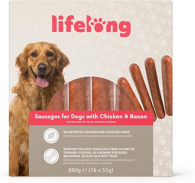 Amazon Brand - Lifelong - Dog Treats: Chicken & Bacon Hot Dog Sausages, 880gr (16 pieces)