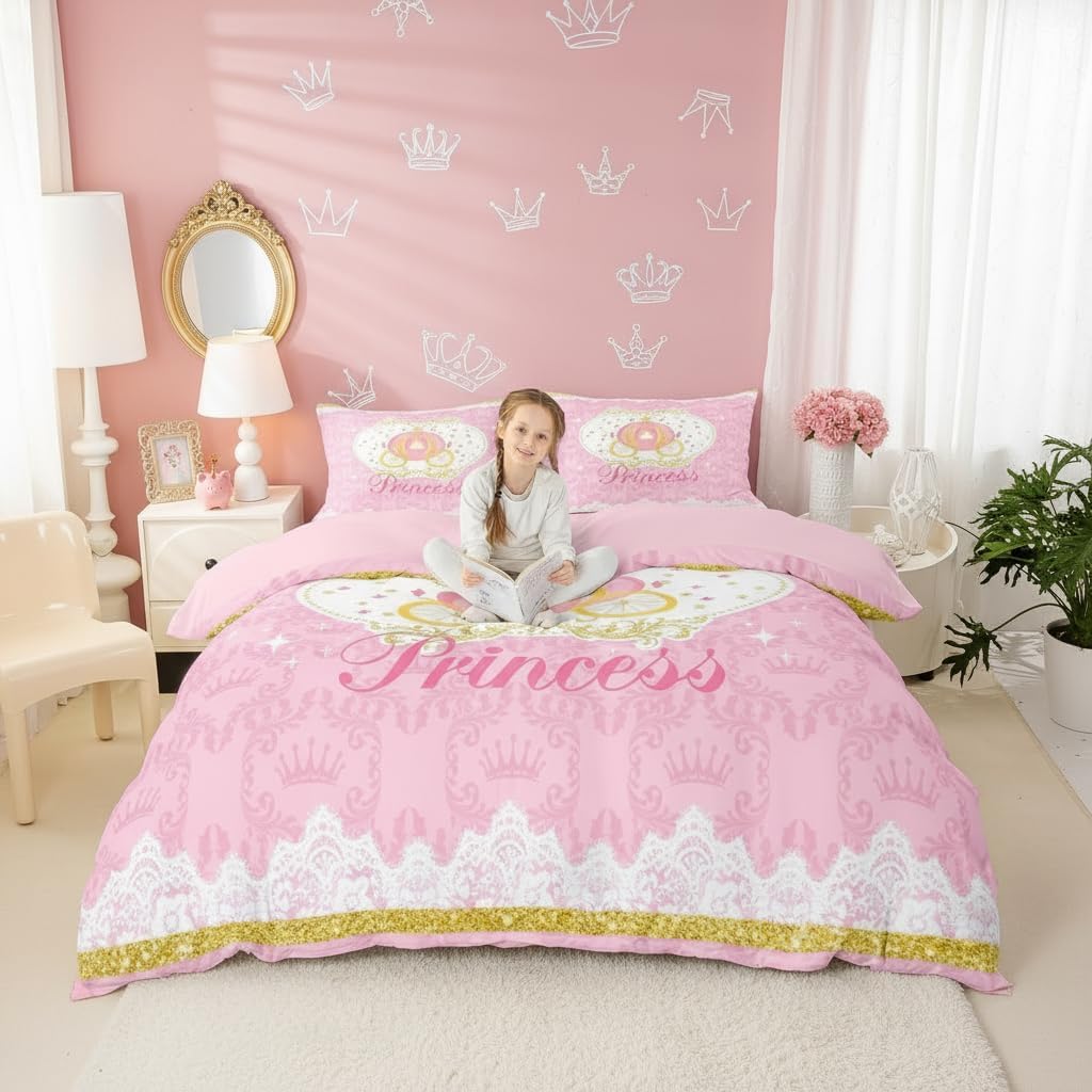 Princess Style Duvet Cover,Pink Luxury Bedding Set,Carriage Comforter CoverGirls Kids Room Decor,Women Cute Cartoon Bedspread Cover Queen Size with 2 Pillow Cases(No Comforter)