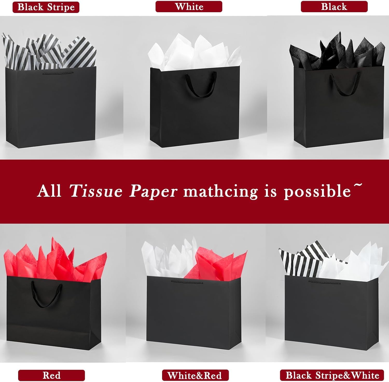 Offizon 12 czarnych torebek prezentowych, papierowych torebek z mieszanym papierem (4 małe 15 cm, 4 średnie 22 cm, 4 duże 32 cm), torebki papierowe z uchwytami na urodziny i święta