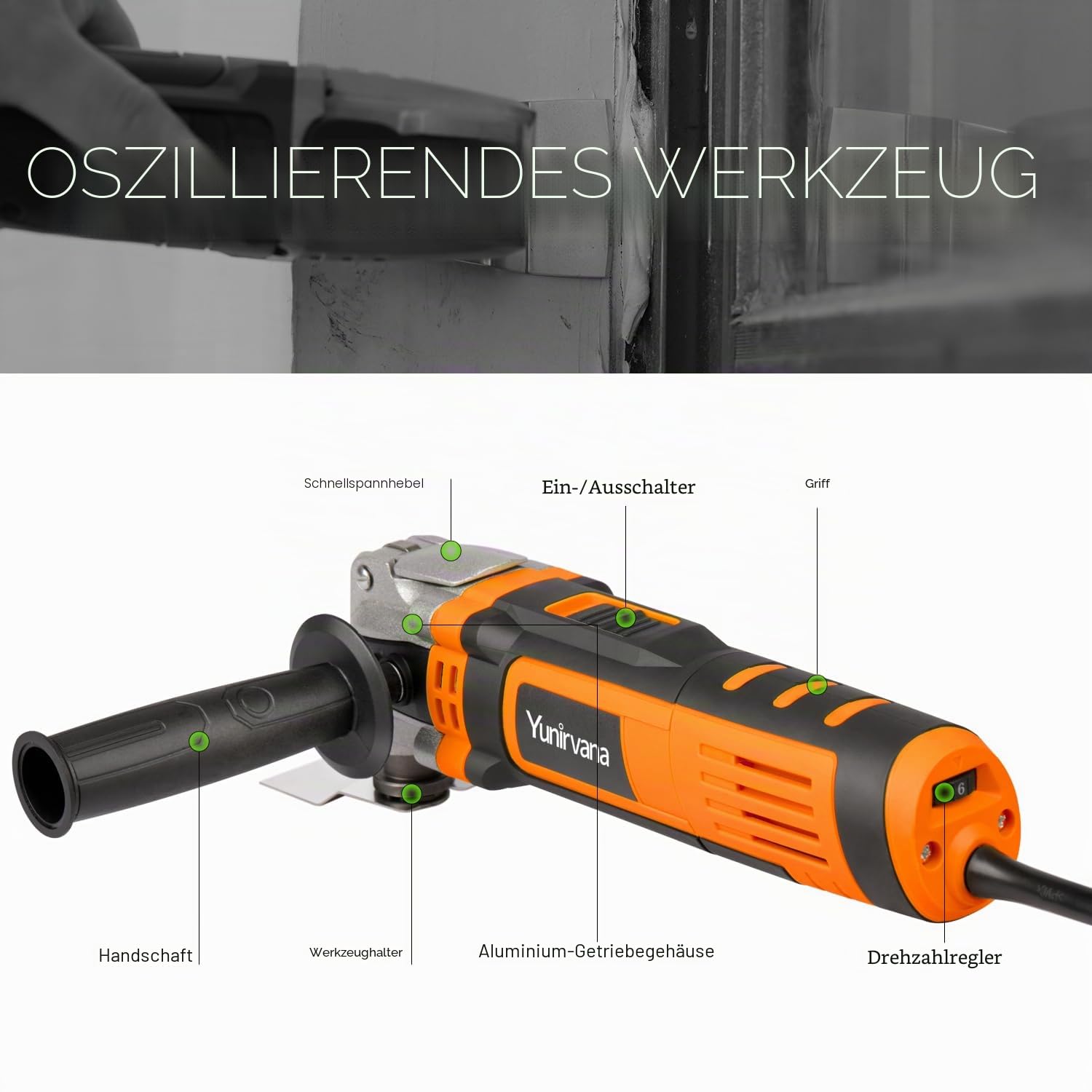 Yunirvana 400W Oszillierendes Multifunktionswerkzeug, oszillierend, 6 variable Geschwindigkeiten, 15.000 – 22.000 U/min, Oszillierender Winkel: 4 °, 28 Zubehörteile, Multiwerkzeug zum Schneiden