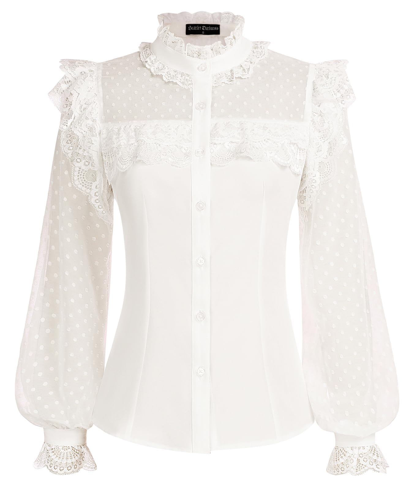 Scarlet Darkness Women's Victorian Lace Tops Polka Dot Button Down Long Sleeve Shirt