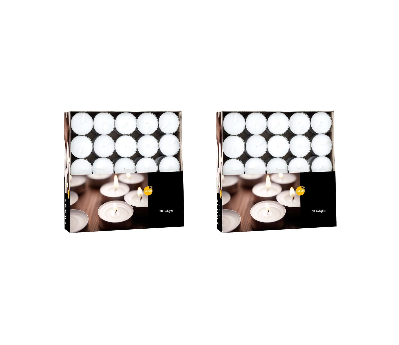 Velas de té (2 cajas de 50 unidades, 100 velas de té), tiempo de combustión: 4,5 horas, sin hollín, para portavelas, vasos de velas, lámparas aromáticas, candelabros y portavelas – Navidad,