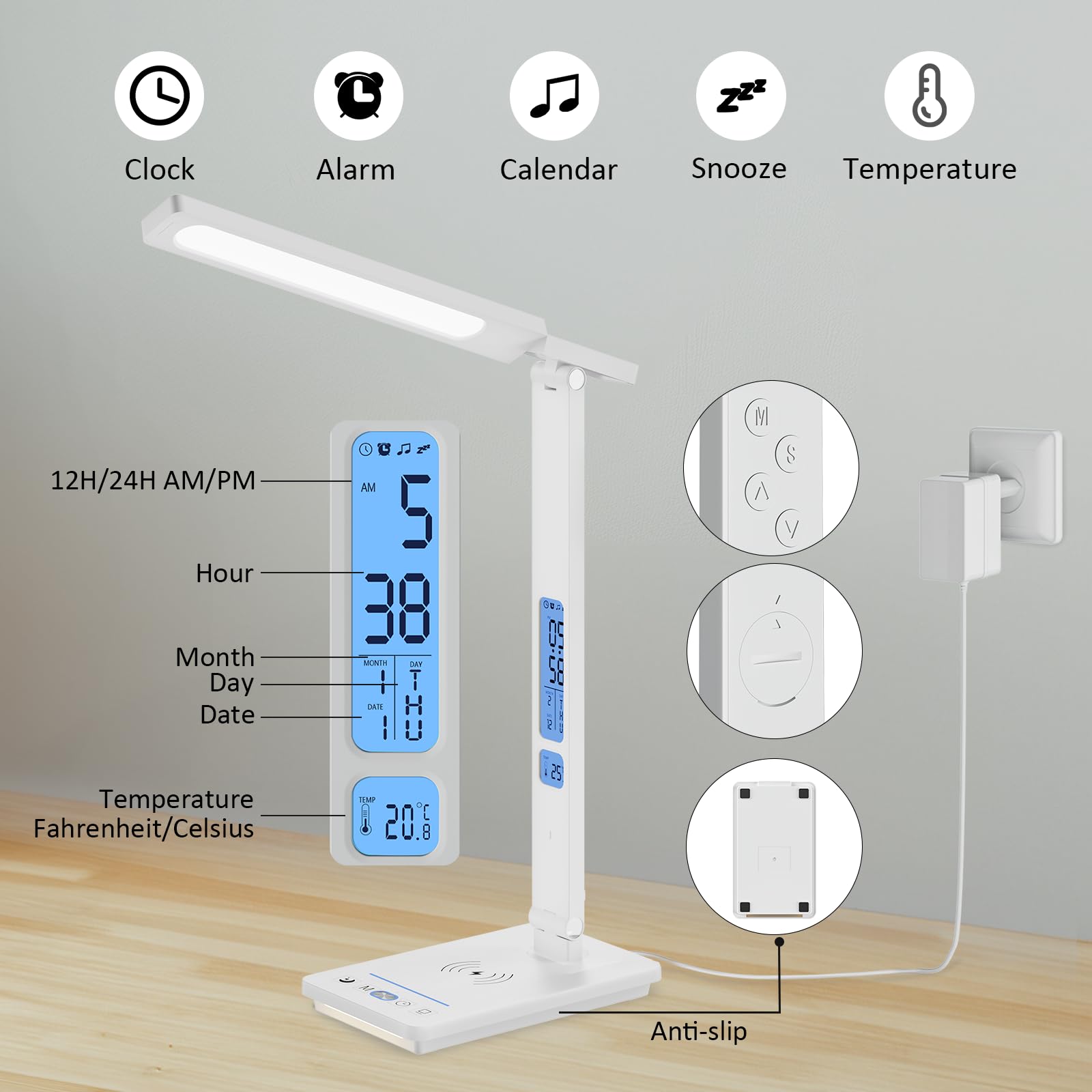 Lampada da Scrivania LED Tavolo Touch Control 3 Modalità 5 Livelli Luminosità Wireless USB Ricaricabile Telefono Luce Lettura Cameretta Ufficio LCD Calendario Temperatura Sveglia (5 Colore Bianca)