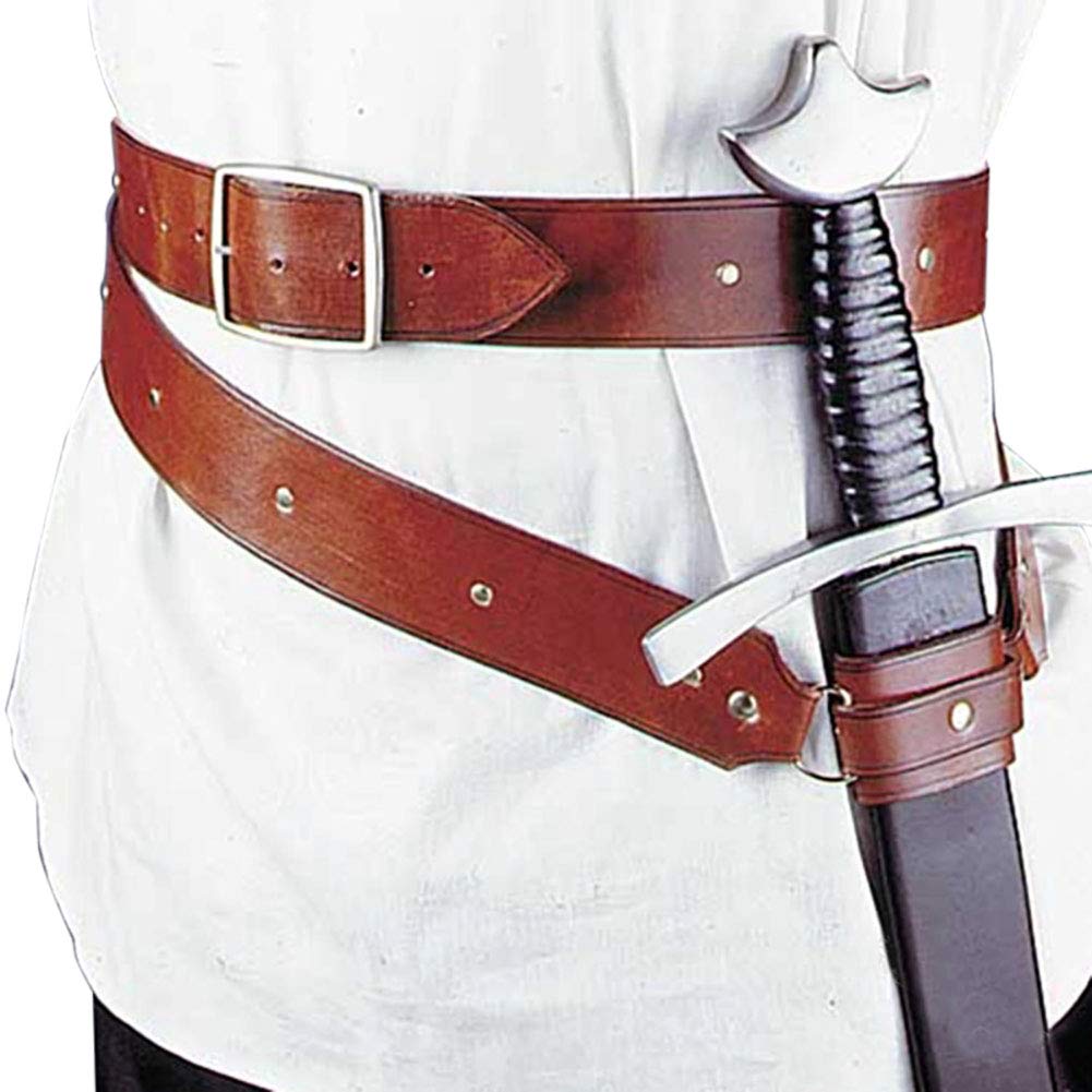 Adjustable Medieval Belt PU Leather Sword Frog Holster Renaissance Rapier LARP Samurai Knight Assassin Warrior Pirate Outfit (31-Brown, Sword Waist Belt)