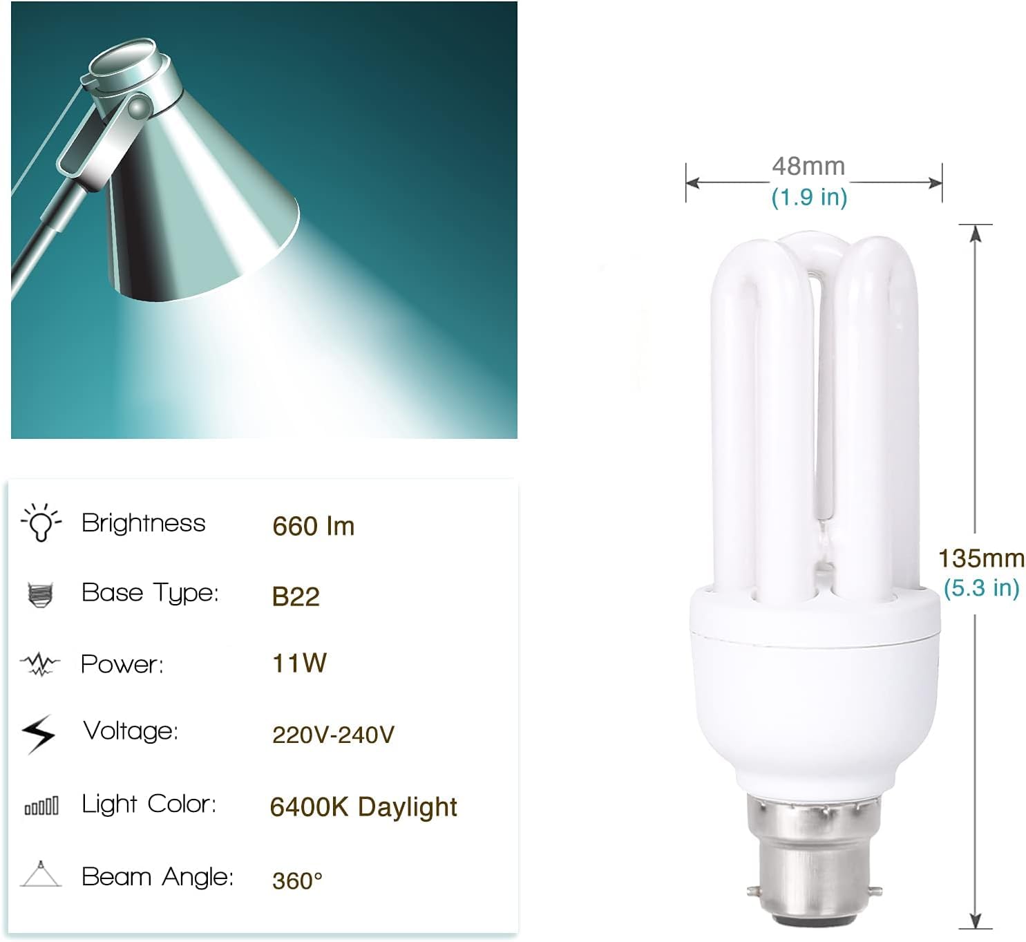 FanciBuy Energy Saving Light Bulbs, 11W CFL Low Energy Light Bulbs Bayonet, B22/BC/Bayonet Cap, 660 Lumens, Daynight 6400K Bulb, 3 Pack - Image 3