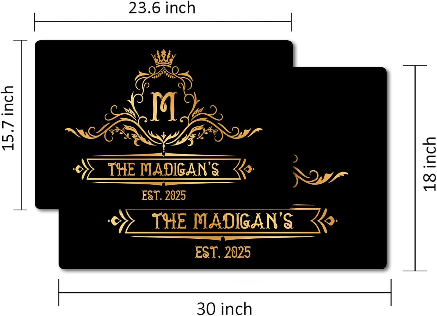 Custom Gold Monogram Doormat Personalized Black Welcome Mat Crown Initial Family Name Non-Slip Rubber Indoor Outdoor Rug New Home Closing Housewarming Gift Multiple Sizes